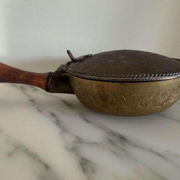 Vintage Brass Silent Butler Crumb Catcher with Wooden Handle and Etched Floral Design