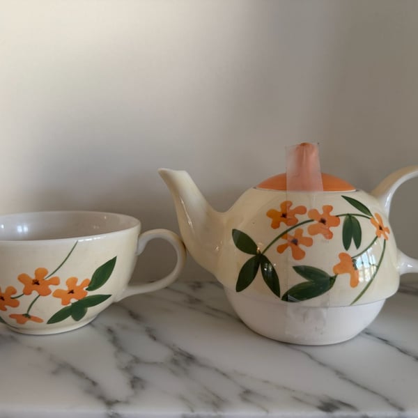 Hues N Brews Stacking Tea For One Ceramic Teapot and Cup Set Floral Orange Flowers