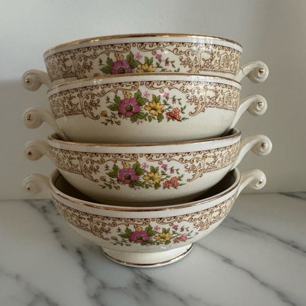4 Homer Laughlin Eggshell Nautilus Coronet Footed Cream Soup Bowls with Handles