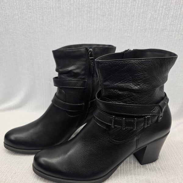 Tamaris Black Leather Ankle Boots with Straps and Block Heel 