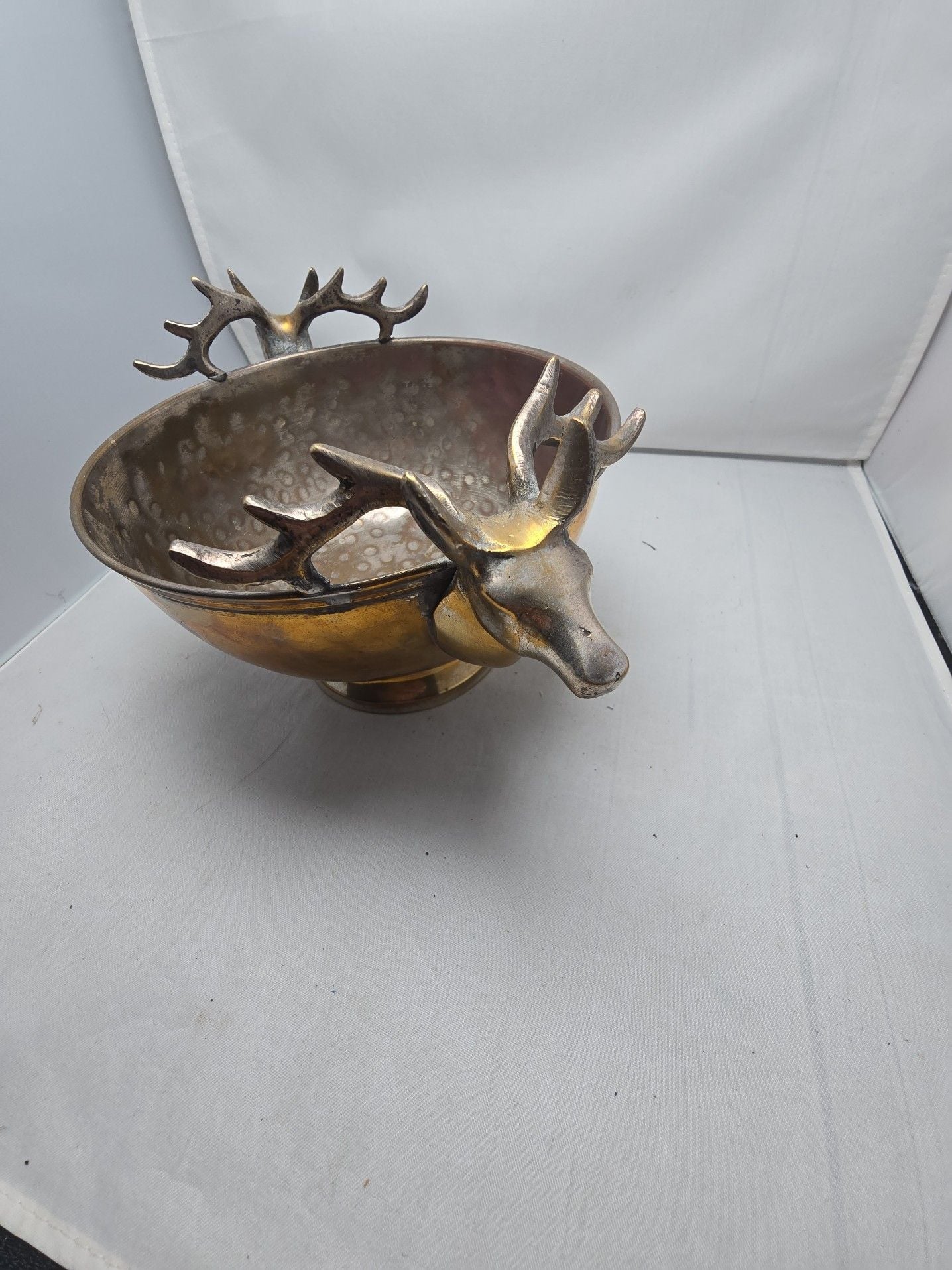 Vintage Hammered Brass and Silver Plated Footed Bowl with Deer Stag Head Handles 7