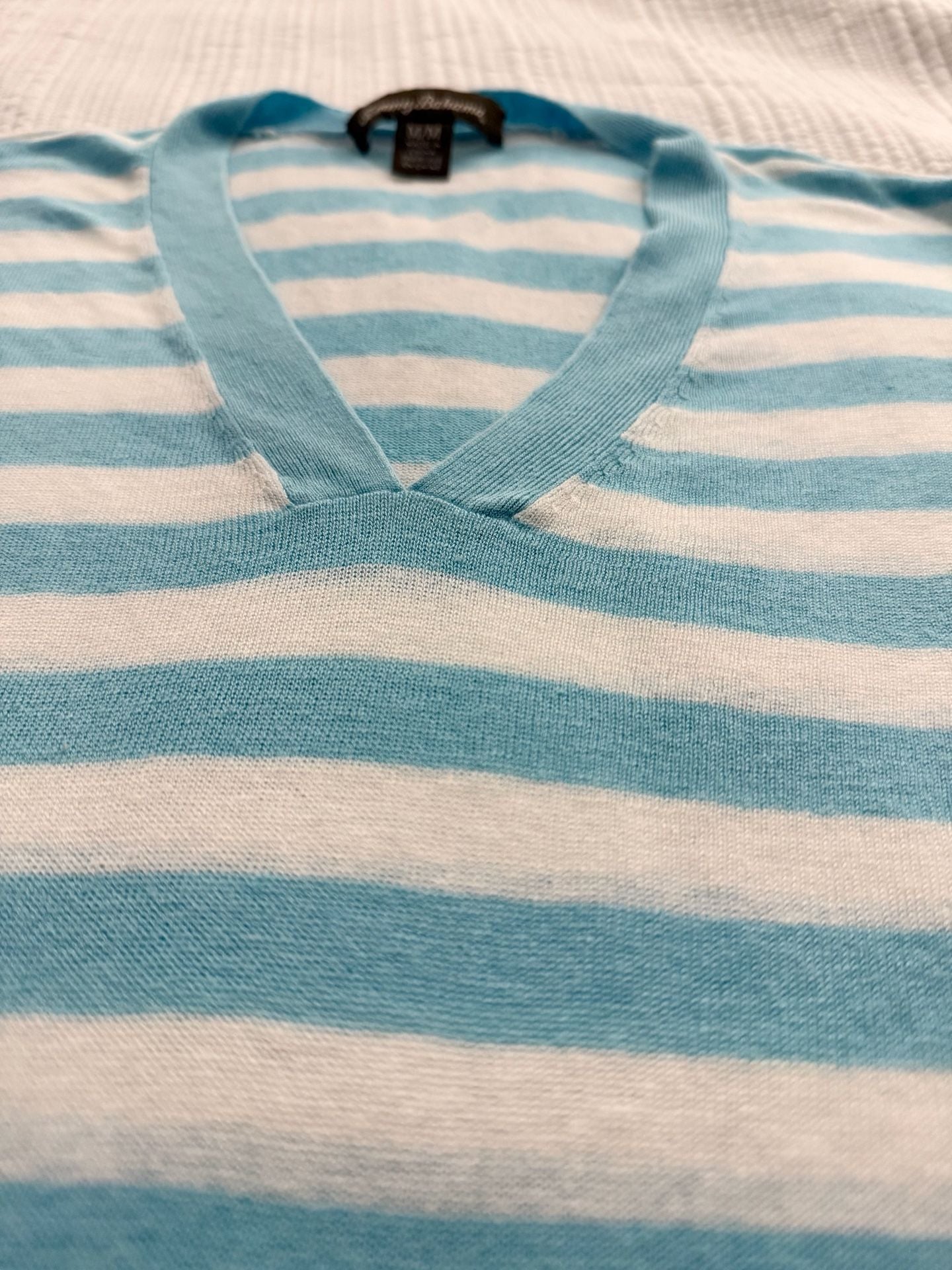 Tommy Bahama Blue and White Striped V-Neck Long Sleeve Sweater 4