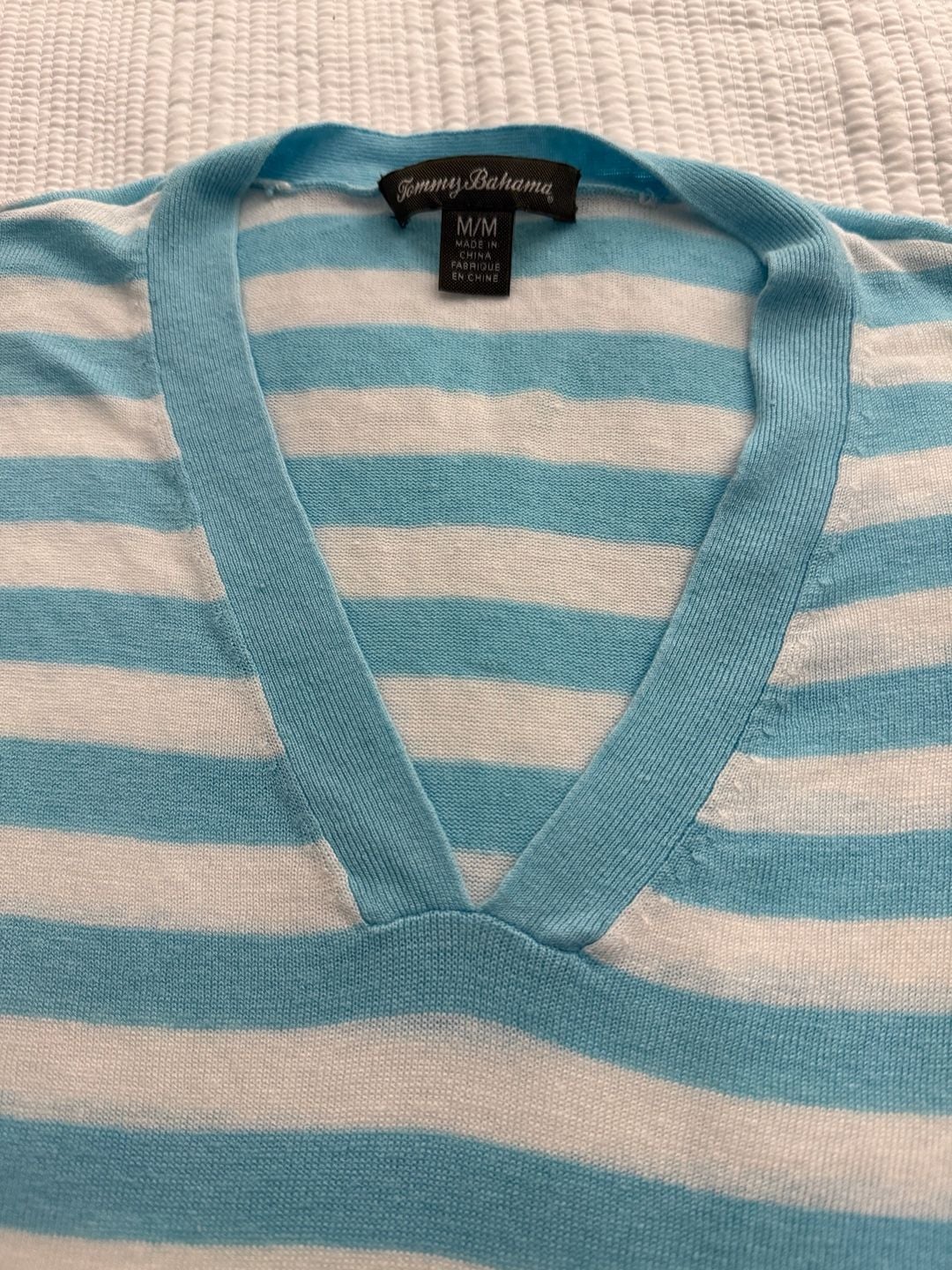 Tommy Bahama Blue and White Striped V-Neck Long Sleeve Sweater 5