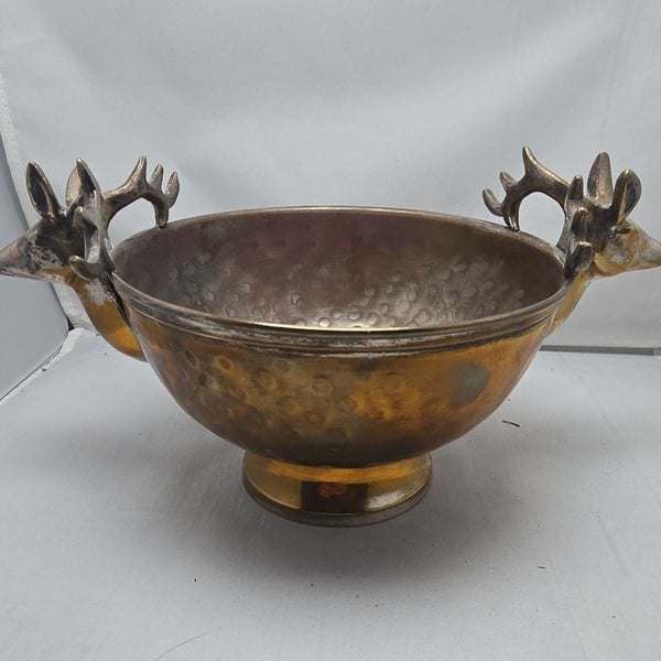 Vintage Hammered Brass and Silver Plated Footed Bowl with Deer Stag Head Handles