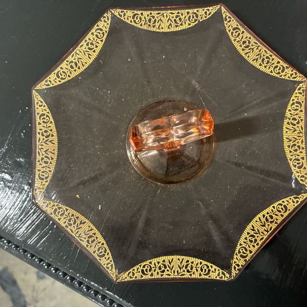 Vintage Pink Depression Glass Octagon Tidbit Tray with Gold Trim and Handle