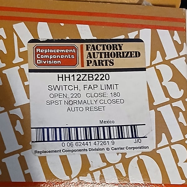 Carrier HH12ZB220 Factory Authorized Parts Switch, Fan Limit