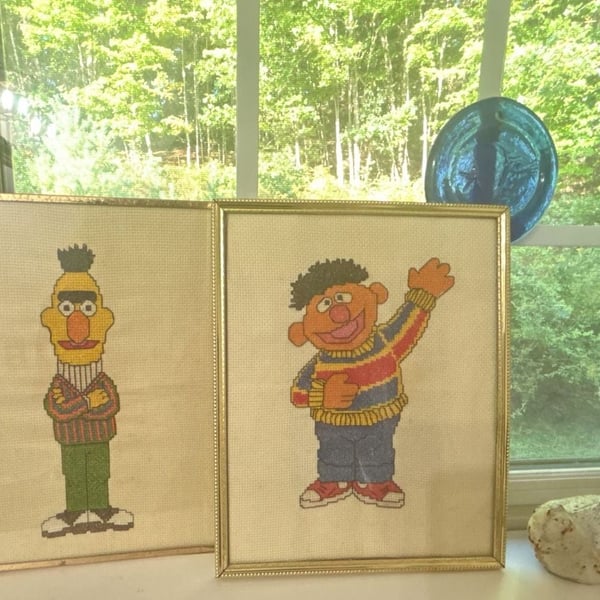 Vintage Sesame Street Bert and Ernie Handcrafted Cross Stitch Framed Pictures 