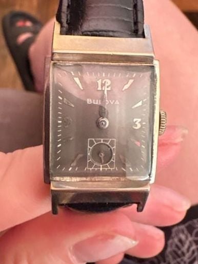 Vintage Bulova 10K Gold Filled Watch with Black Leather Strap Needs Battery 2