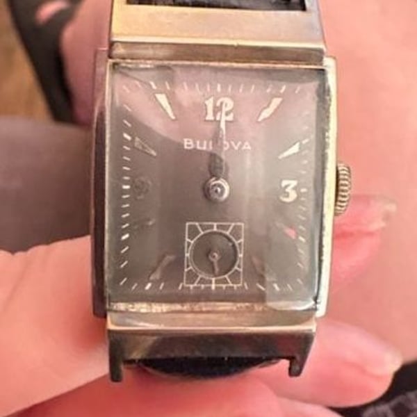 Vintage Bulova 10K Gold Filled Watch with Black Leather Strap Needs Battery
