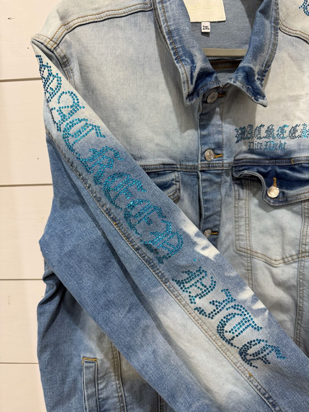 MacKeen Light Wash Crystal Rhinestone Eagle Denim Jacket Size 2XL 4