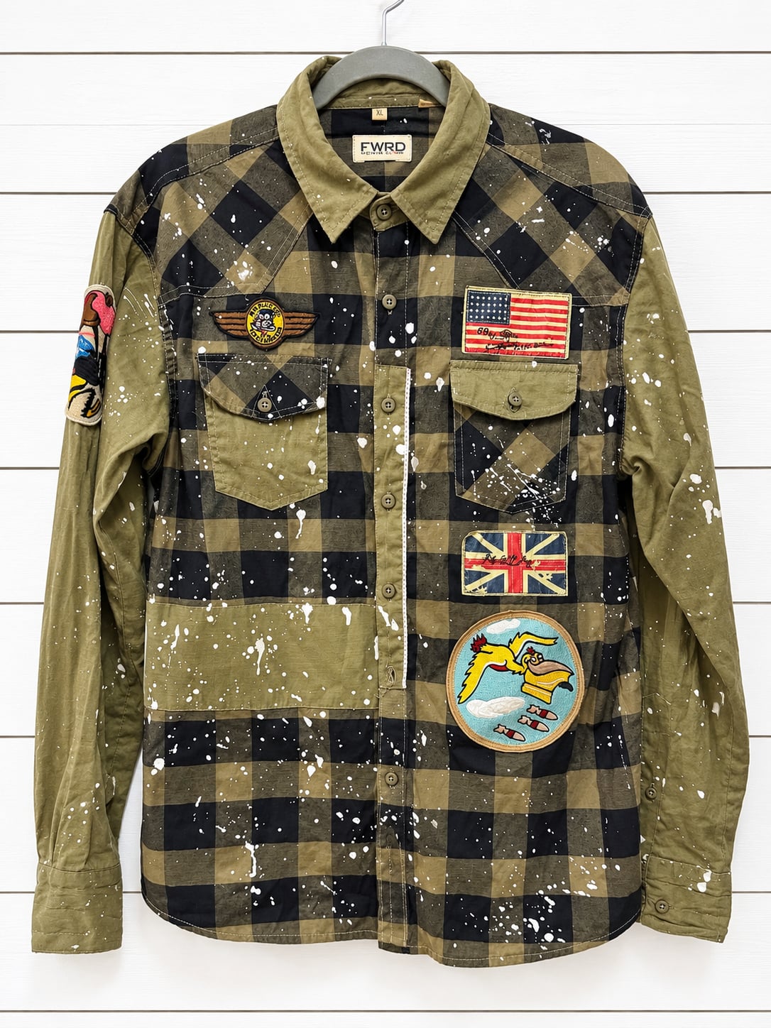 FWRD Denim Club Olive & Black Buffalo Plaid Paint Splatter Button-Down Men's XL 2