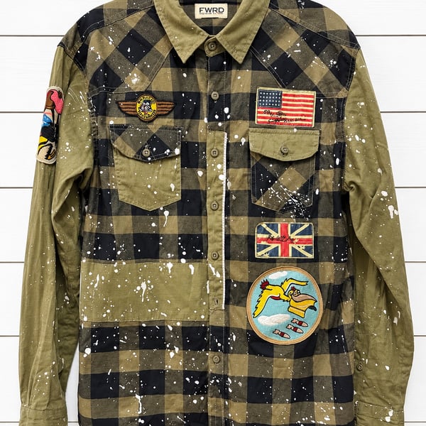 FWRD Denim Club Olive & Black Buffalo Plaid Paint Splatter Button-Down Men's XL