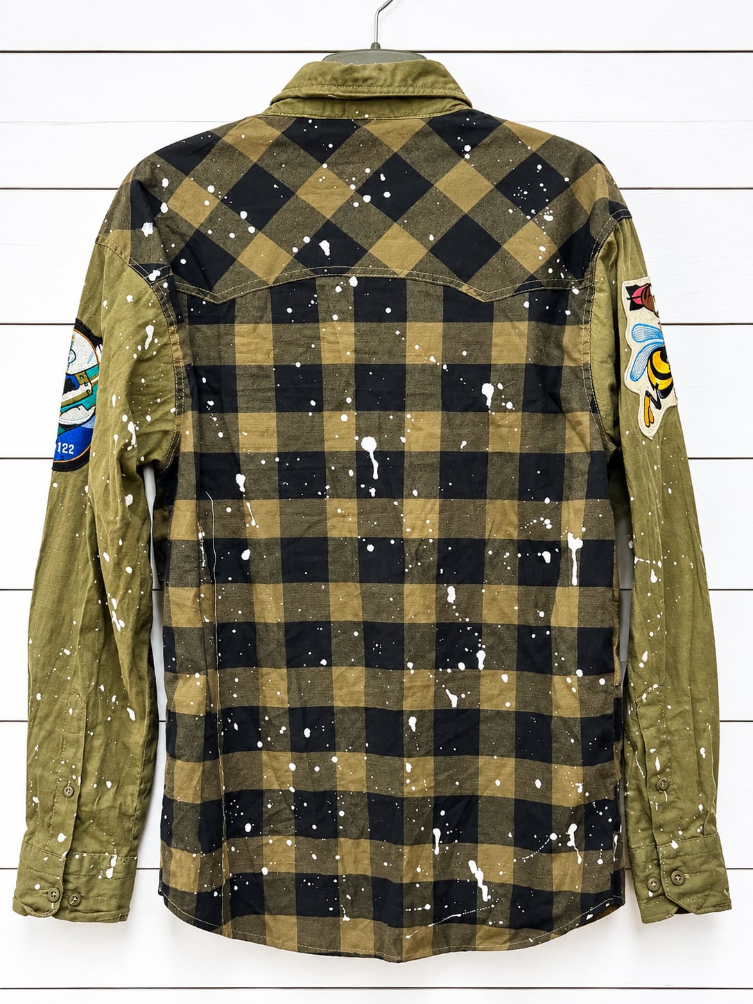 FWRD Denim Club Olive & Black Buffalo Plaid Paint Splatter Button-Down Men's XL 3