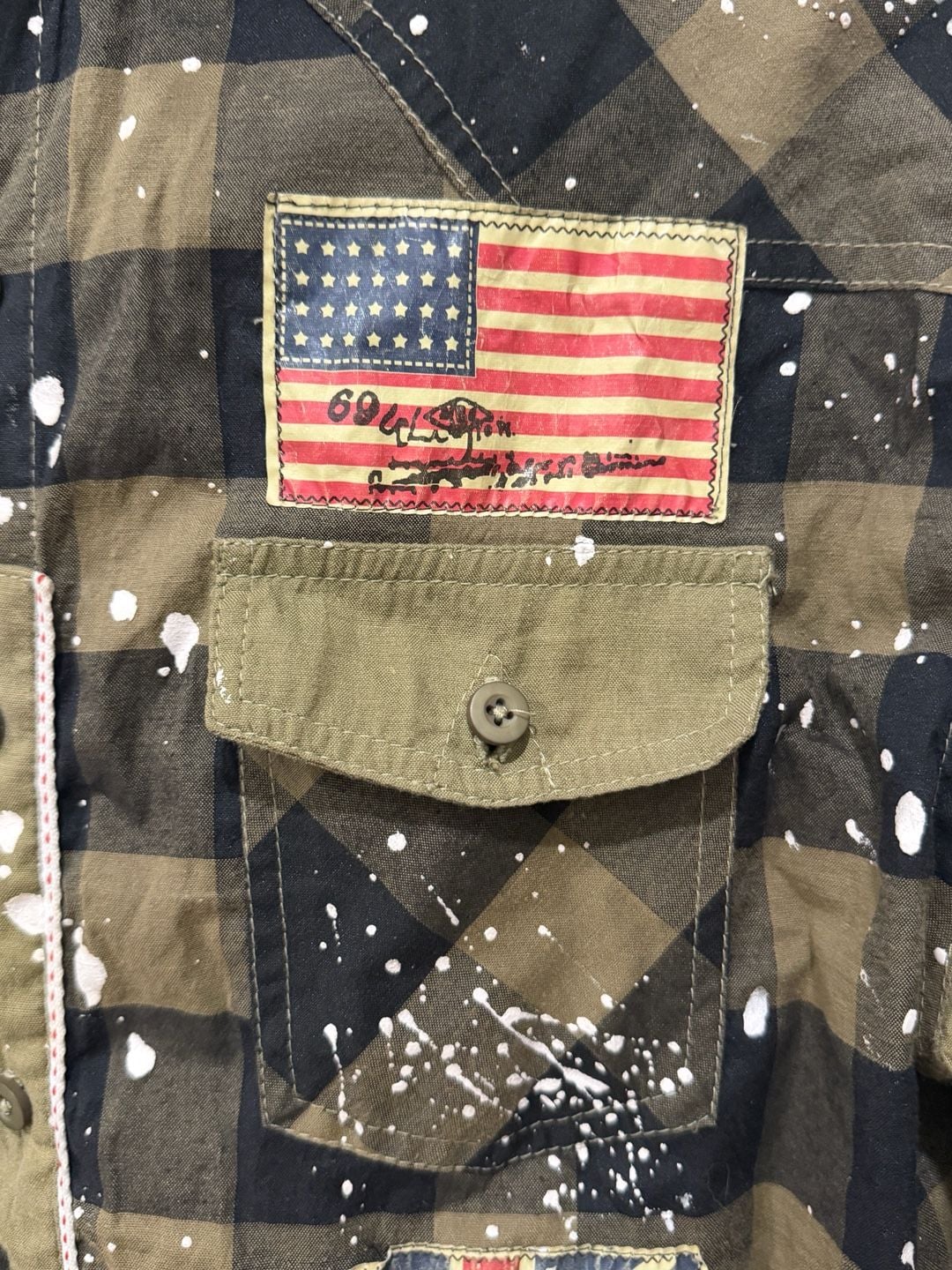 FWRD Denim Club Olive & Black Buffalo Plaid Paint Splatter Button-Down Men's XL 5