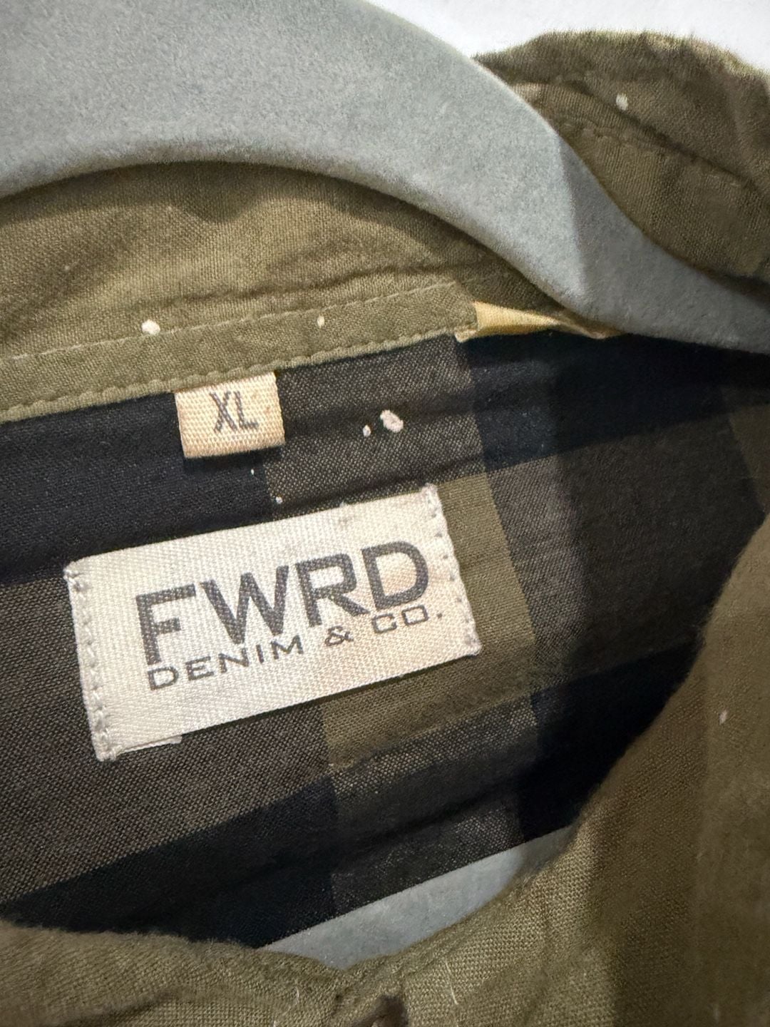 FWRD Denim Club Olive & Black Buffalo Plaid Paint Splatter Button-Down Men's XL 10