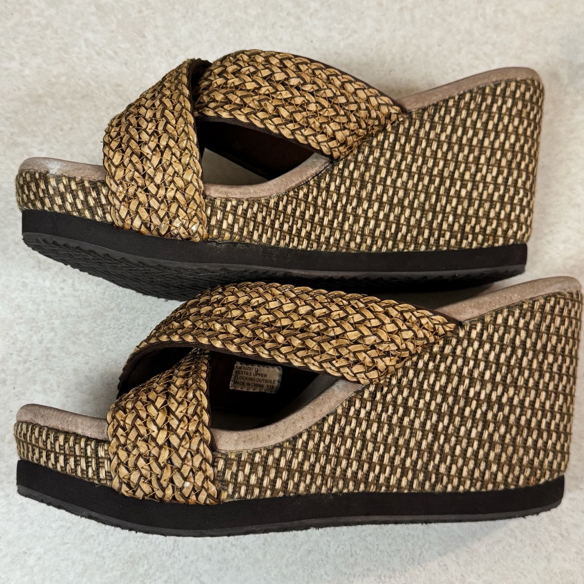 Volatile Women’s Size 9 Woven Raffia Platform Wedge Slide Sandals Boho Y2K 6