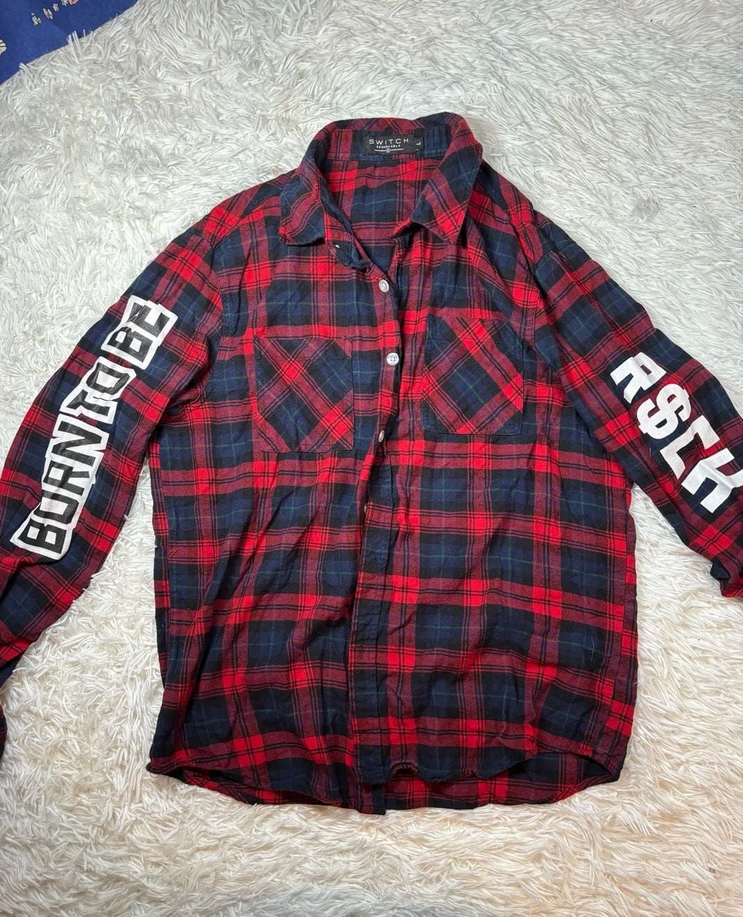 Switch Remarkable Born to be Rich Red Black Plaid Flannel Button Down Shirt 2