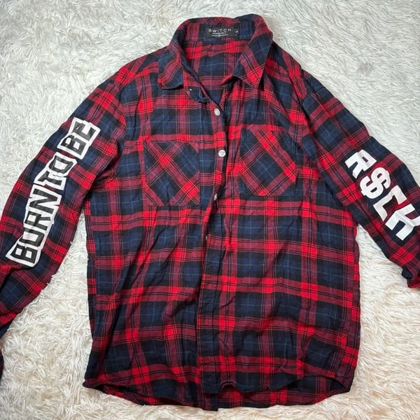Switch Remarkable Born to be Rich Red Black Plaid Flannel Button Down Shirt
