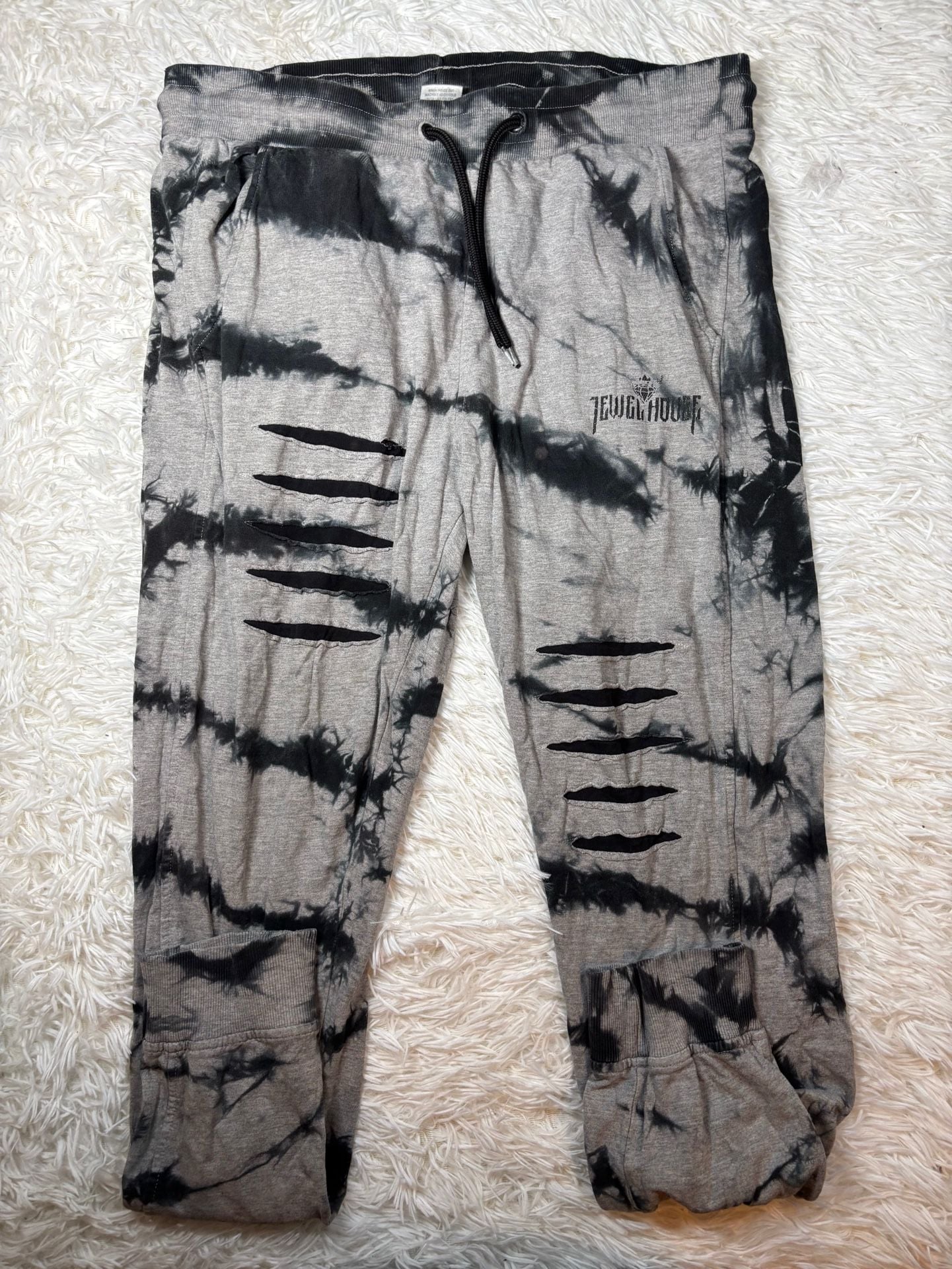 Jewel House Grey Black Tie Dye Distressed Jogger Sweatpants Large 2