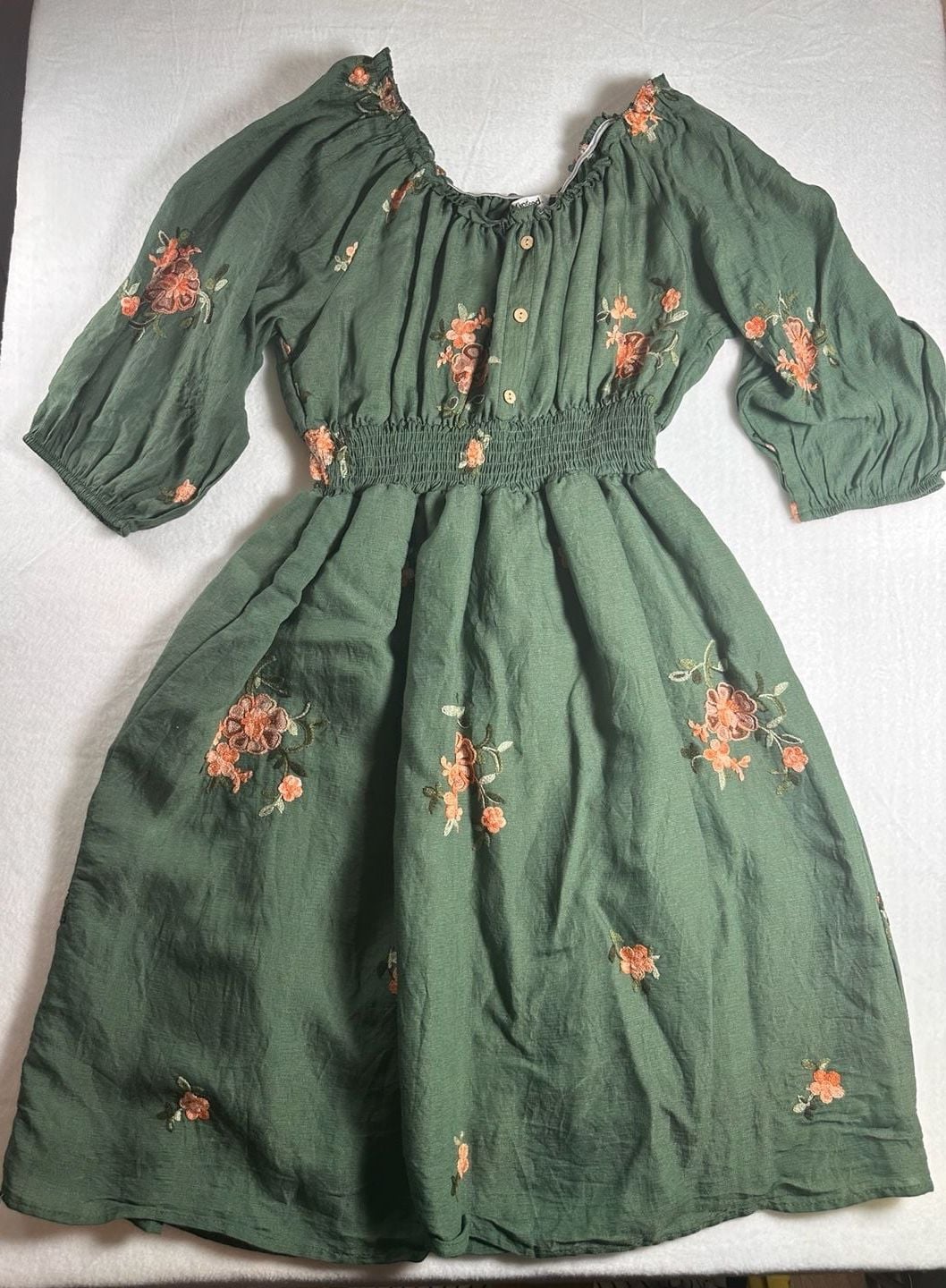 Kindred Olive Green Floral Embroidered Off-The-Shoulder Smocked Dress Size XL 2