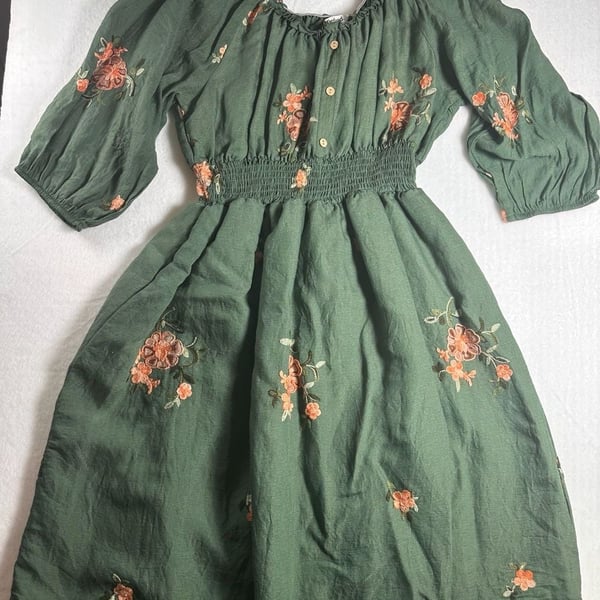 Kindred Olive Green Floral Embroidered Off-The-Shoulder Smocked Dress Size XL