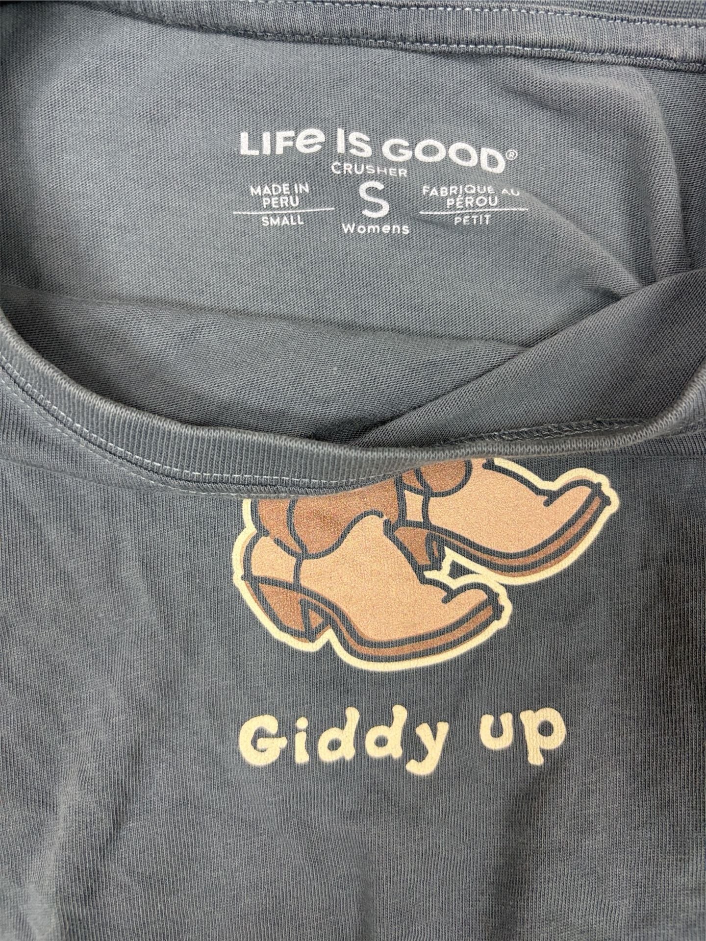 Life is Good Women's Giddy Up Cowboy Boots Graphic Crusher Tee Gray Size S 3