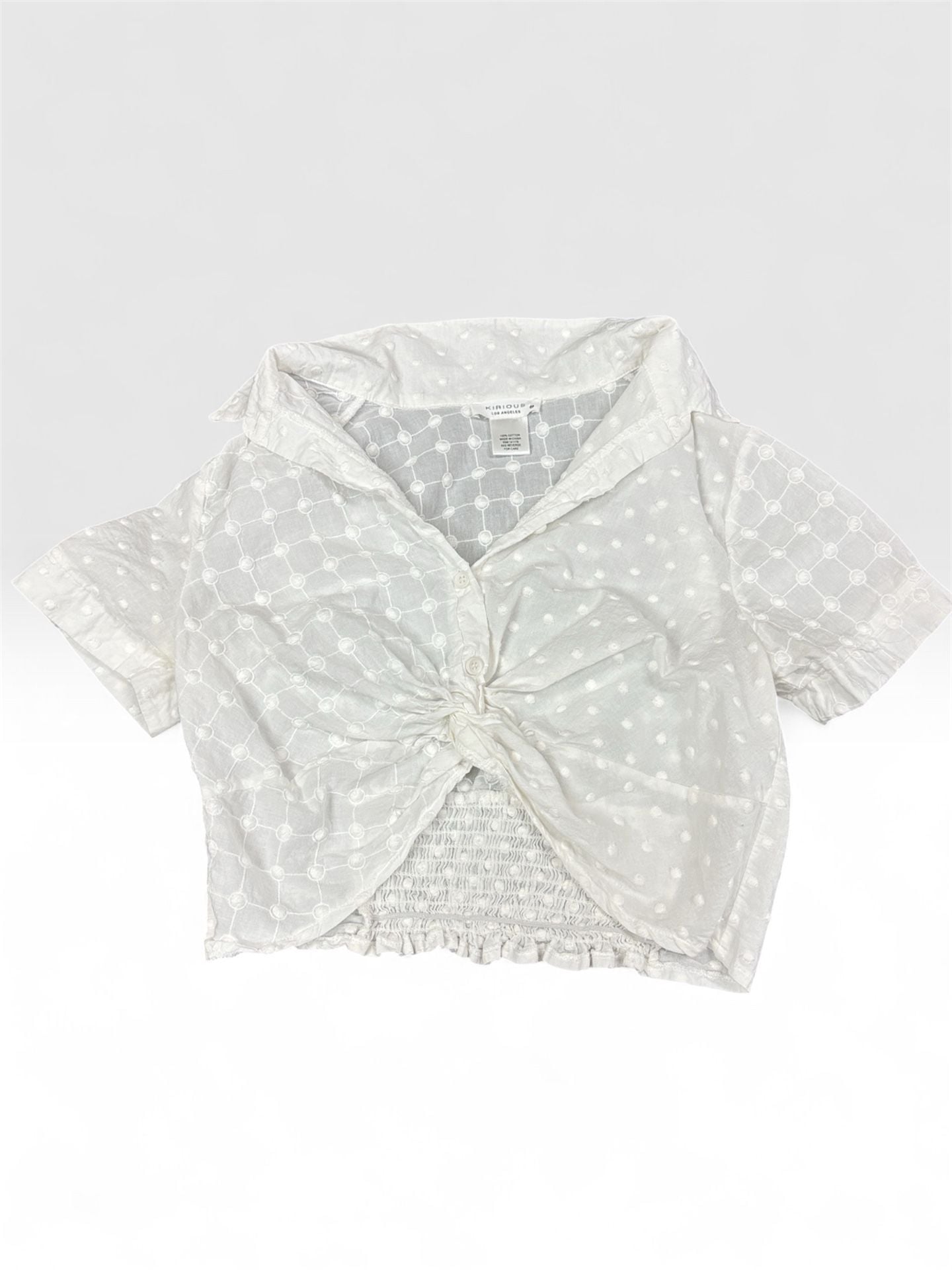 Kirious Los Angeles White 100% Cotton Eyelet Short Sleeve Button Up Crop Top 2