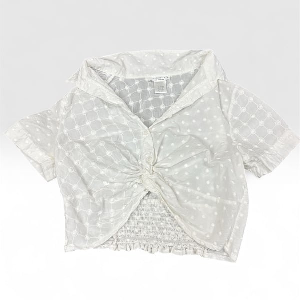 Kirious Los Angeles White 100% Cotton Eyelet Short Sleeve Button Up Crop Top