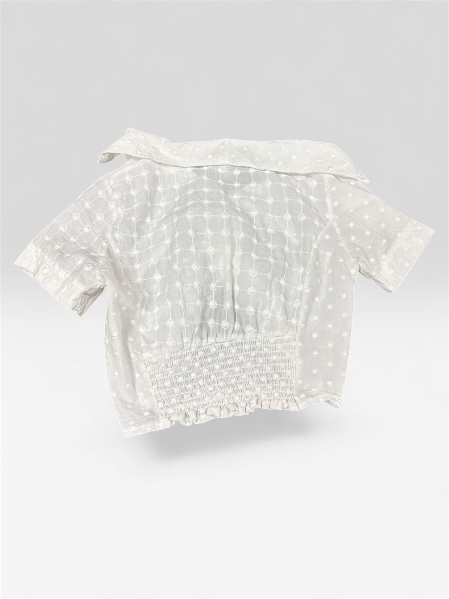 Kirious Los Angeles White 100% Cotton Eyelet Short Sleeve Button Up Crop Top 4