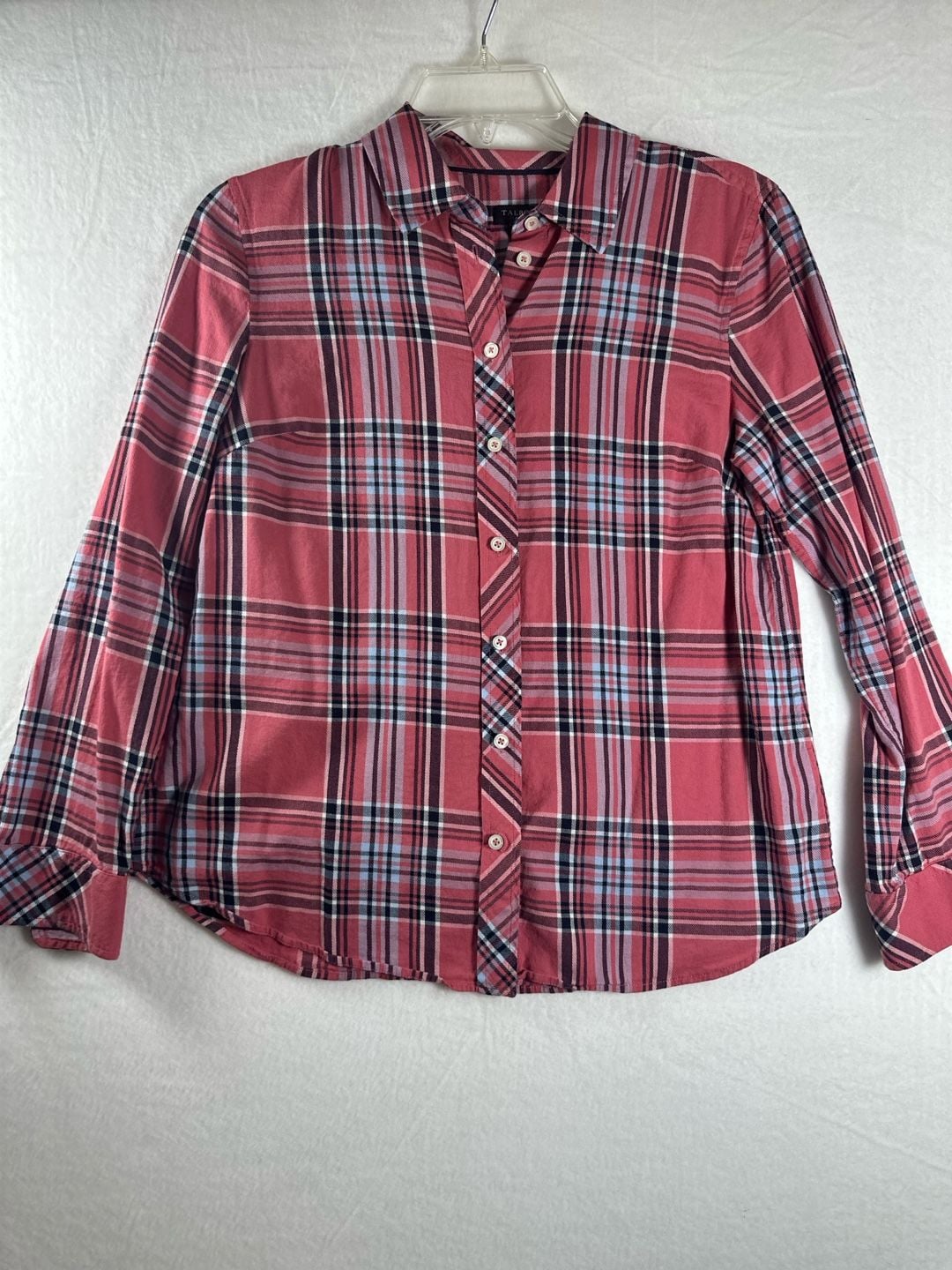 Talbots Petite Small SP Salmon Pink Plaid Classic Long Sleeve Button Front Cotton Shirt 2