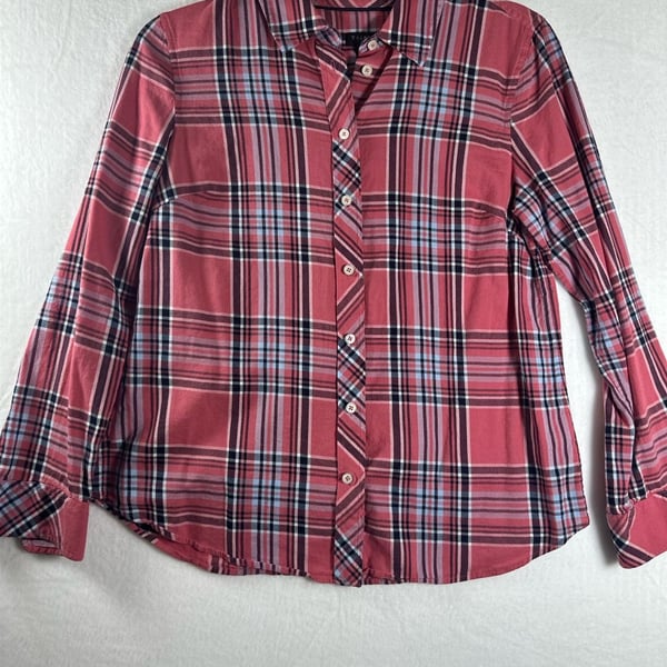 Talbots Petite Small SP Salmon Pink Plaid Classic Long Sleeve Button Front Cotton Shirt