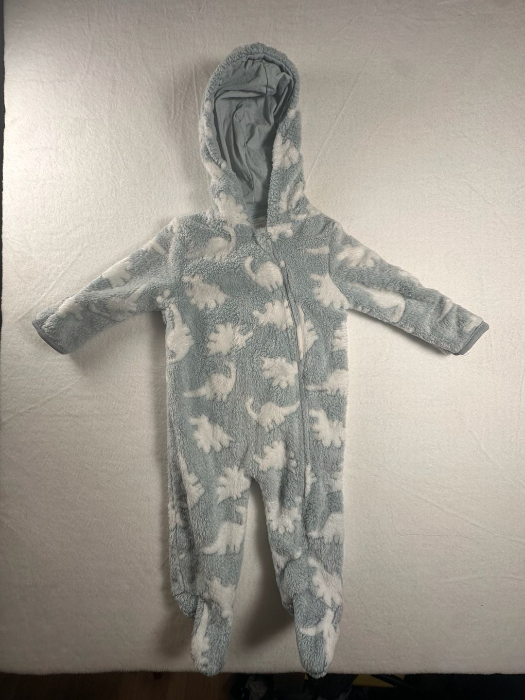 Little Beginnings Blue and White Dinosaur Fleece Hooded Footed Jumpsuit 2