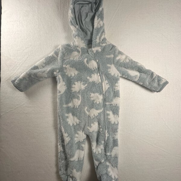 Little Beginnings Blue and White Dinosaur Fleece Hooded Footed Jumpsuit