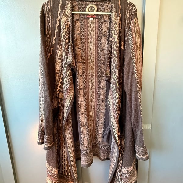 Johnny Was Biya Brown Geometric Pattern Open Front Knit Cardigan