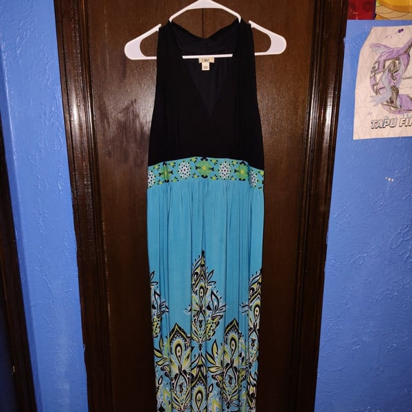 Cato Women's Sleeveless V-Neck Blue Black Paisley Print Maxi Dress Size L