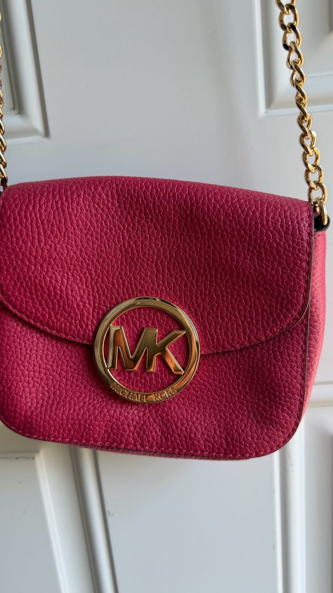 Michael Kors Pink Pebbled Leather Crossbody Bag with Gold MK Logo 3