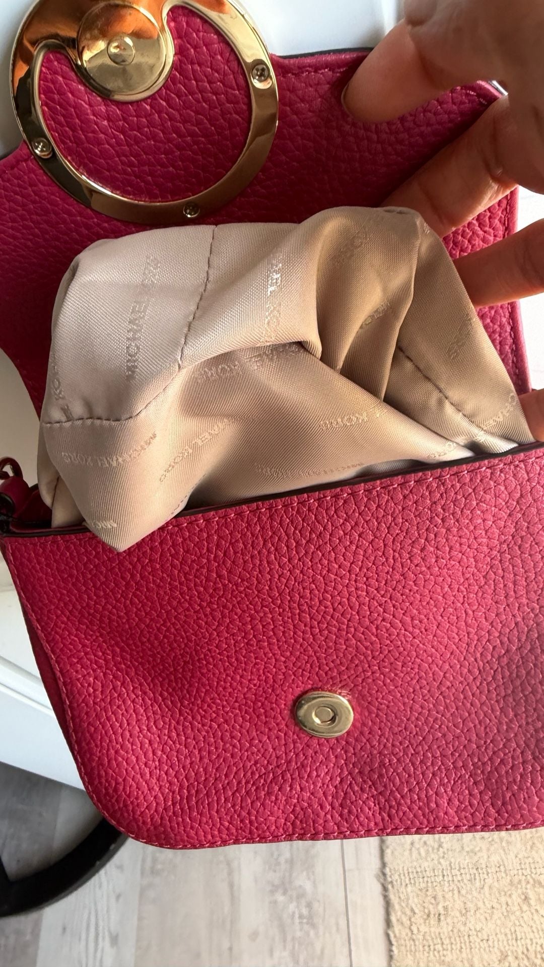 Michael Kors Pink Pebbled Leather Crossbody Bag with Gold MK Logo 7