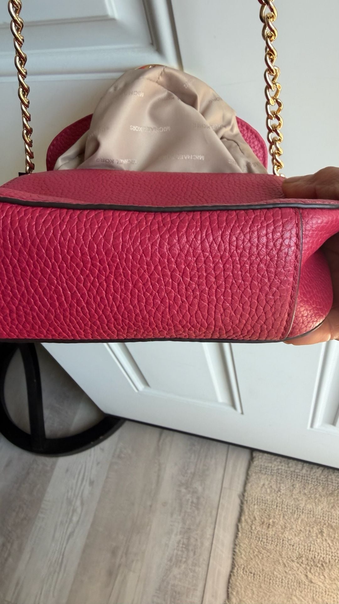 Michael Kors Pink Pebbled Leather Crossbody Bag with Gold MK Logo 8