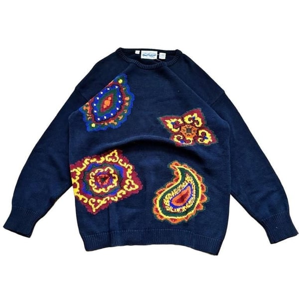 1984 Perry Ellis America Navy Blue Sweater Colorful Paisley Marc Jacksobs era
