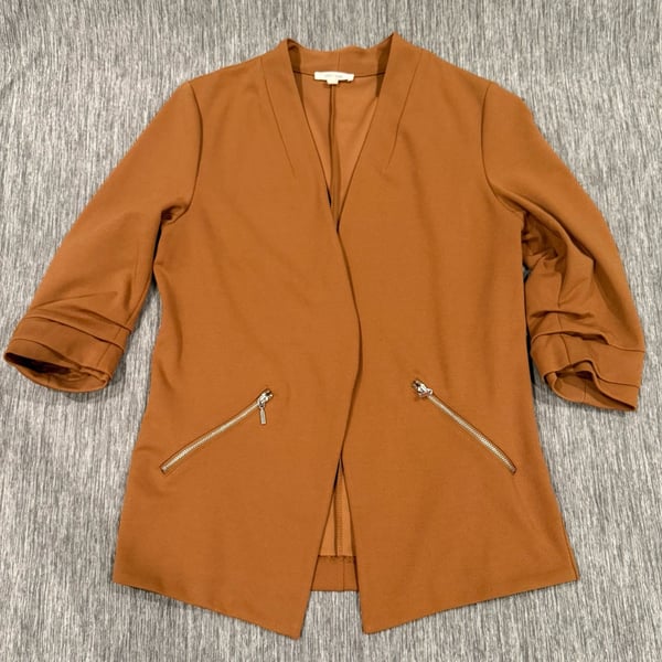 Maurices Brown Open Front Blazer with Ruched 3/4 Sleeves