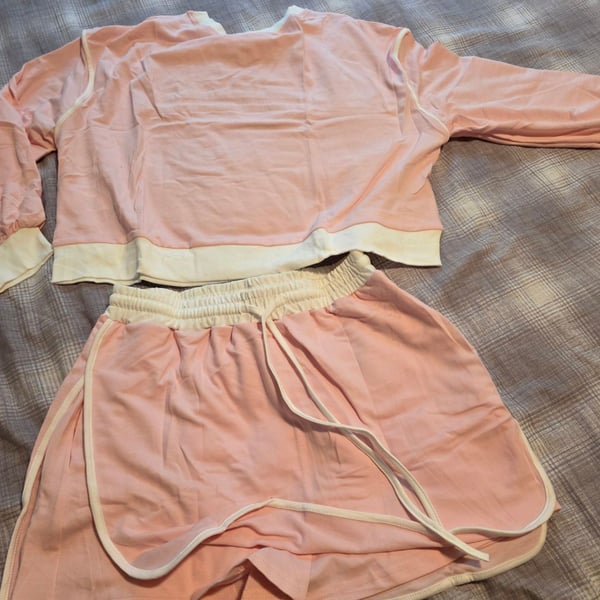 Pink and White Long Sleeve Sweatshirt and Shorts Lounge Set