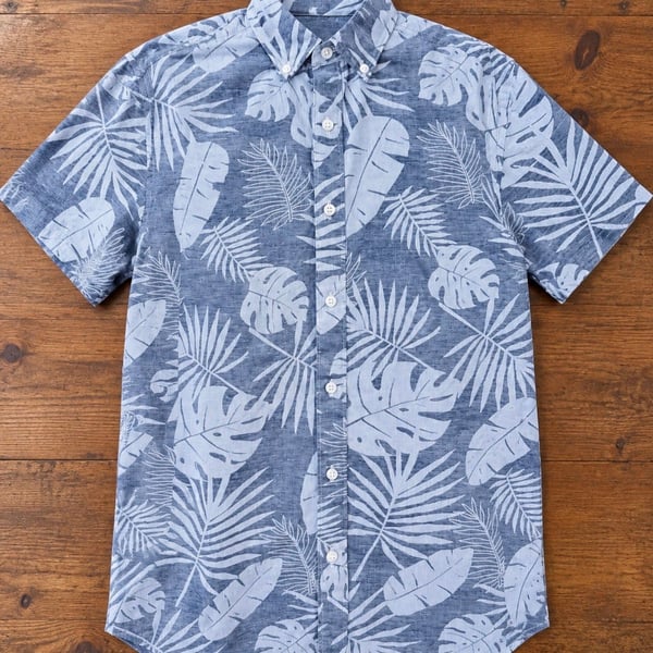 Club Room Men's Blue Tropical Palm Leaf Short Sleeve Button-Down Shirt Size L