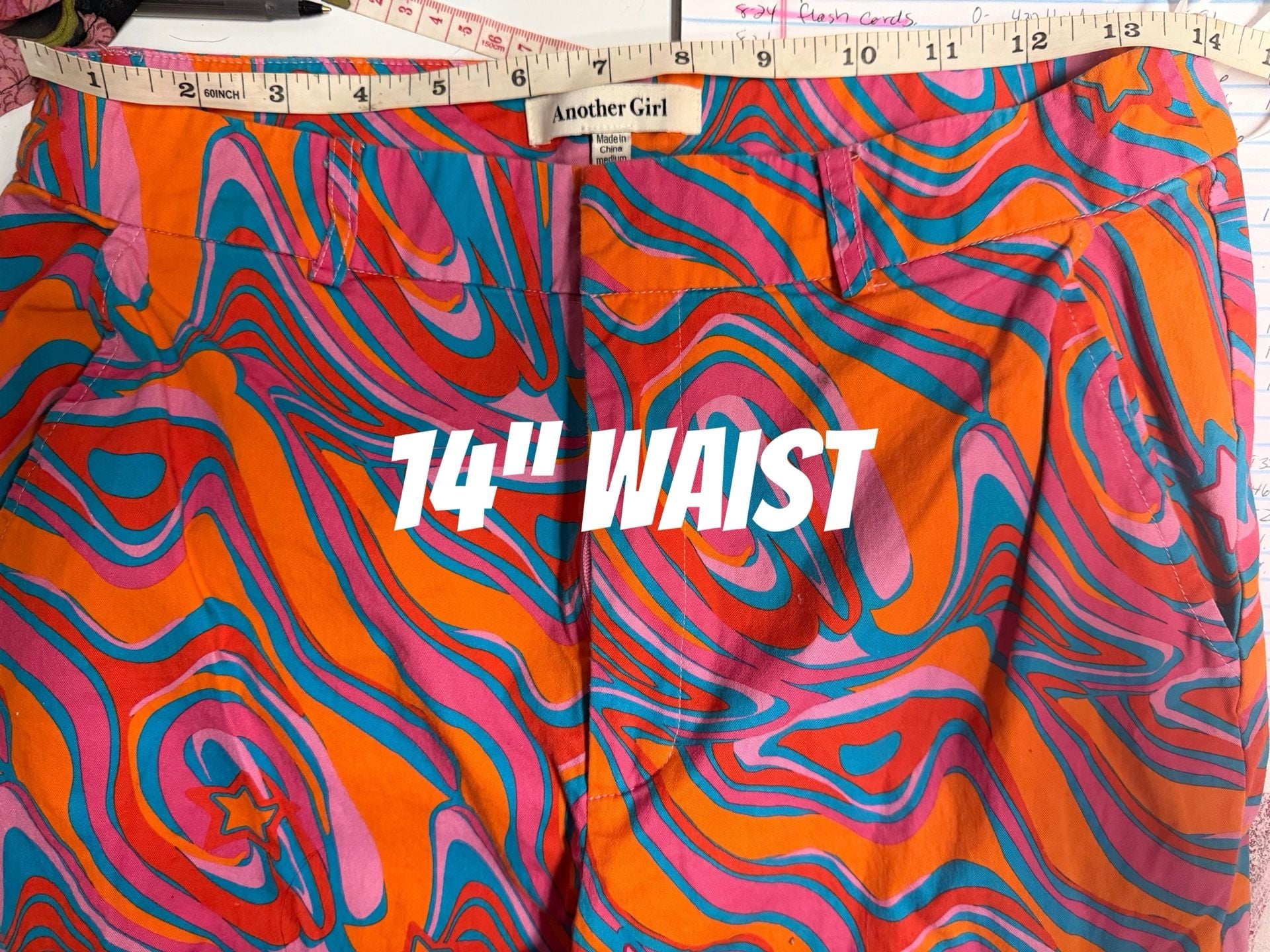 Groovy women’s  flared pants , 70s Hippie Costume , psychedelic neon swirls and stars, med 7