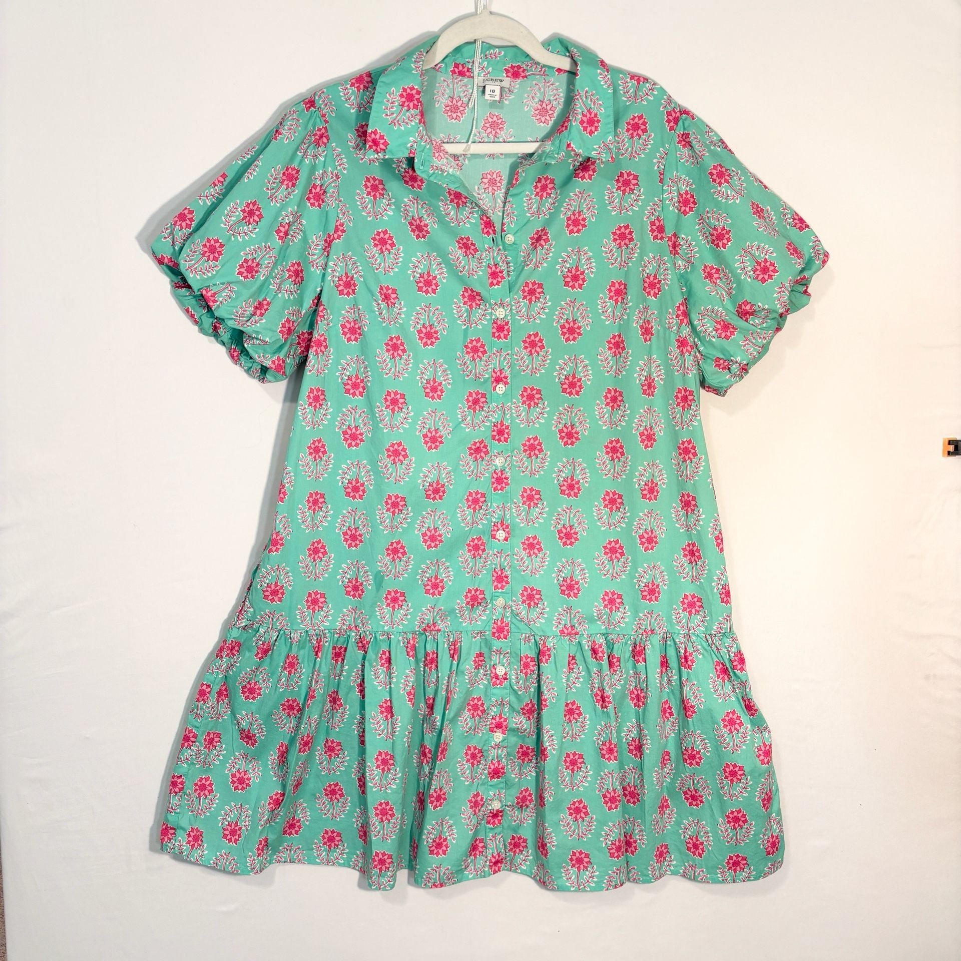 J.crew bubble sleeve floral mini dress Size 18 pockets button front Preppy 2
