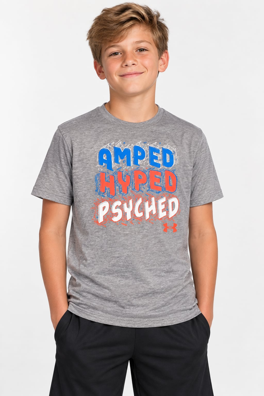 Under Armour Boys Amped Hyped Psyched Short Sleeve Graphic T-Shirt Gray 3