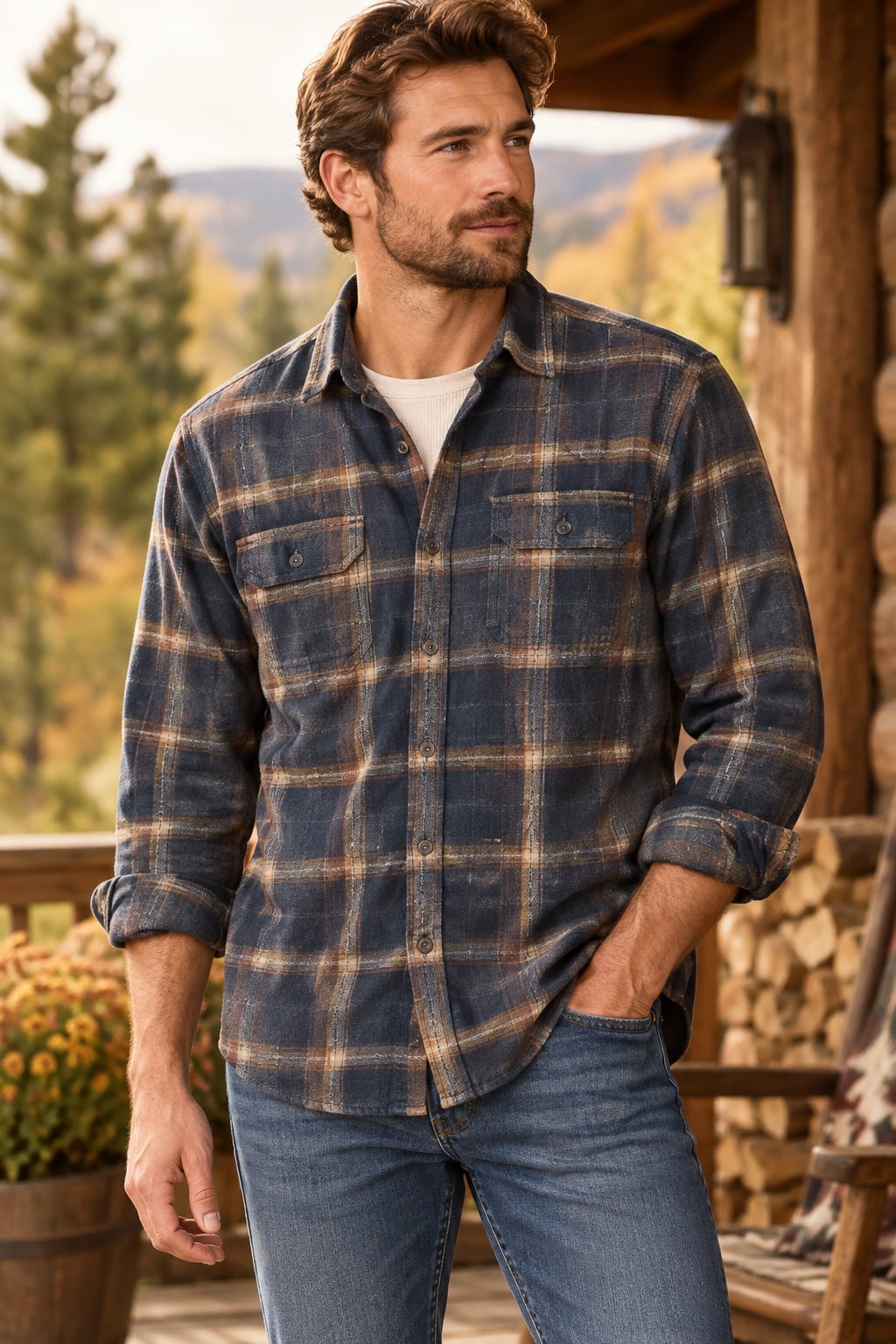 Orvis Men’s Medium 100% Cotton Flannel Blue Brown Plaid Button Up 2