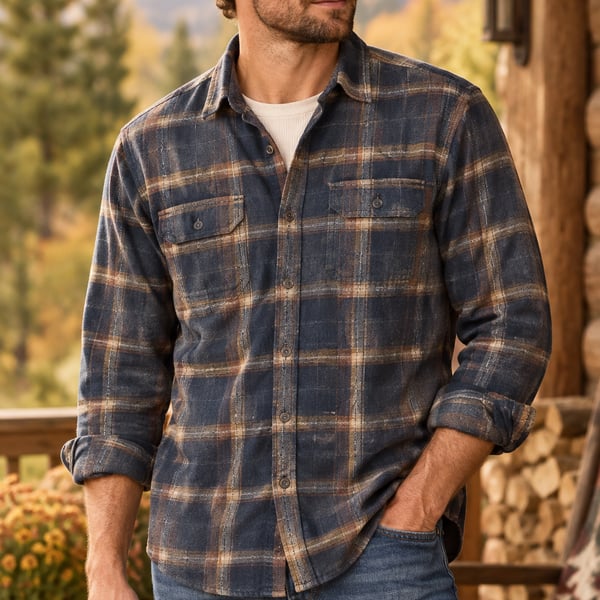 Orvis Men’s Medium 100% Cotton Flannel Blue Brown Plaid Button Up