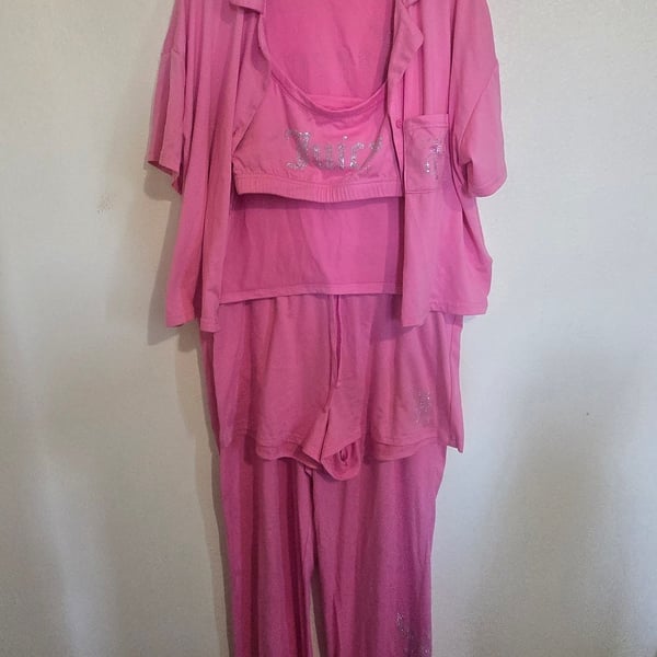 Juicy Couture Rhinestone Bling Pajama Set Pink 4-Piece Sleepwear Medium