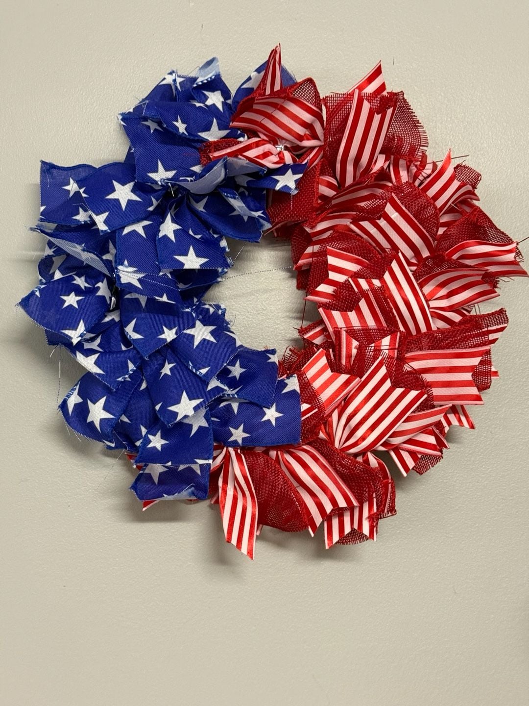 Patriotic Red White and Blue Stars and Stripes Fabric Ribbon Wreath 1