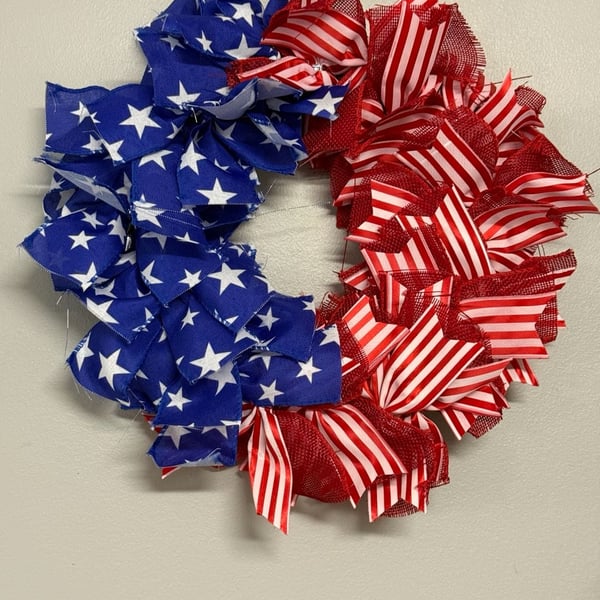 Patriotic Red White and Blue Stars and Stripes Fabric Ribbon Wreath